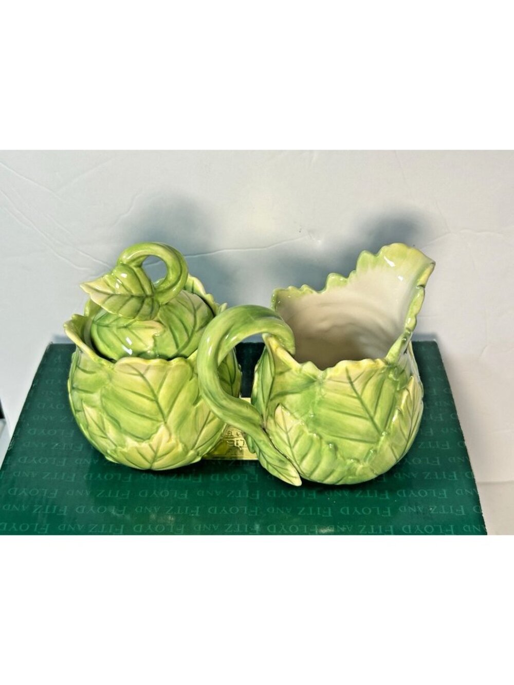 Retired Fitz and Floyd Le Lapin Green Leaf Sugar Bowl & Creamer New in Box Mint